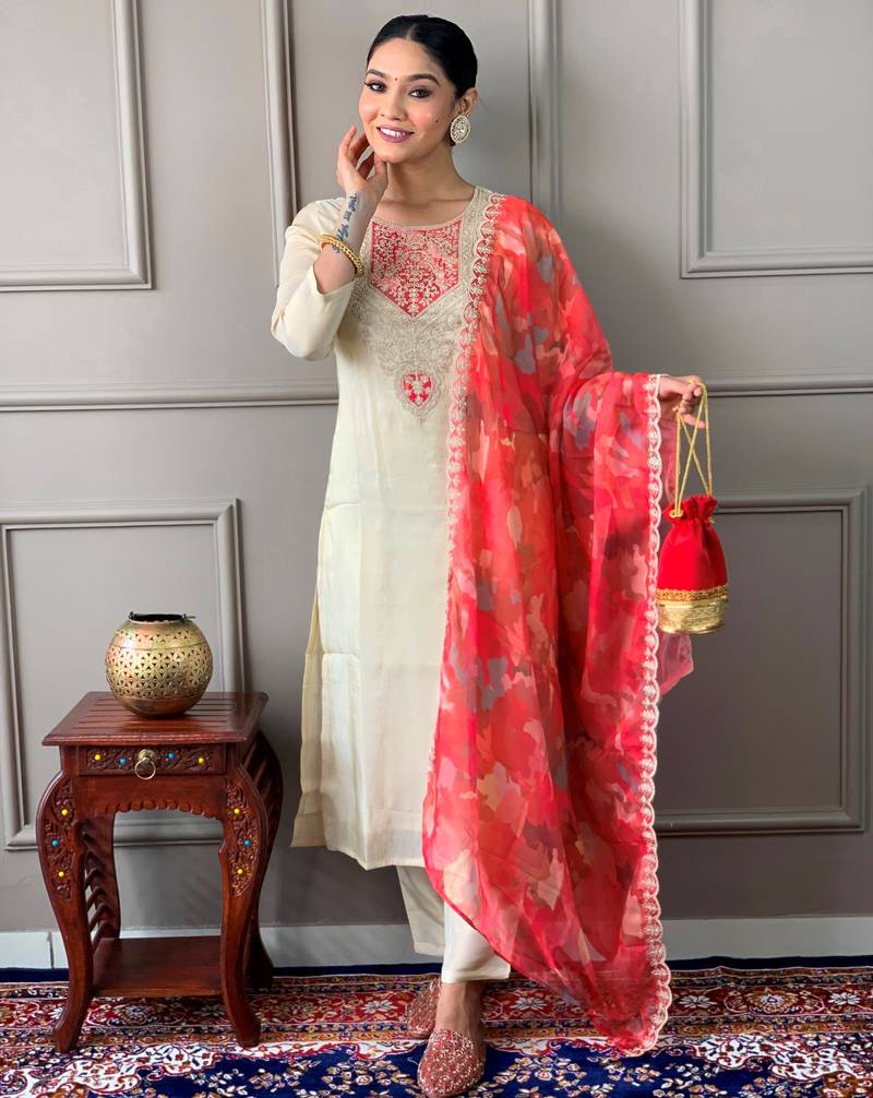 off white colored party wear embroidered stitched chanderi silk pant style kurti suit with duppatta