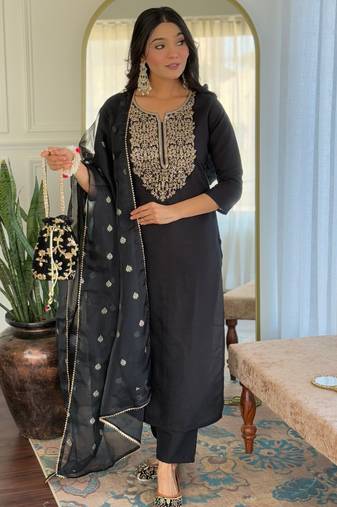black colored party wear embroidered stitched viscose pant style kurti suit with duppatta