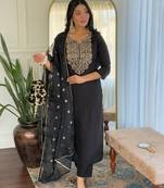 black colored party wear embroidered stitched viscose pant style kurti suit with duppatta