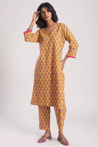 Yellow cotton printed Kurta Set