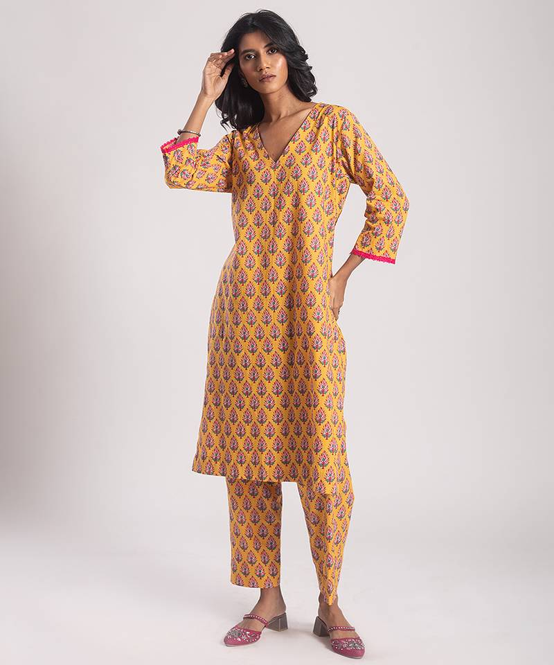 Yellow cotton printed Kurta Set