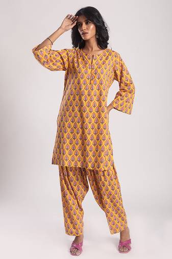 Yellow cotton printed Kurta Set