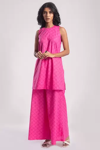 Pink cotton plain kurta set
