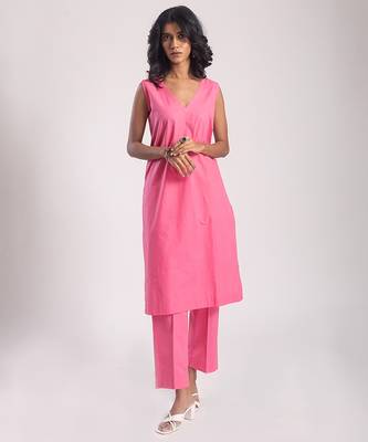 Pink cambric plain kurta with pant 1