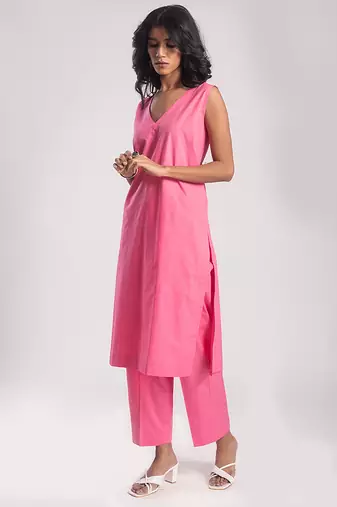 Pink cambric plain kurta with pant