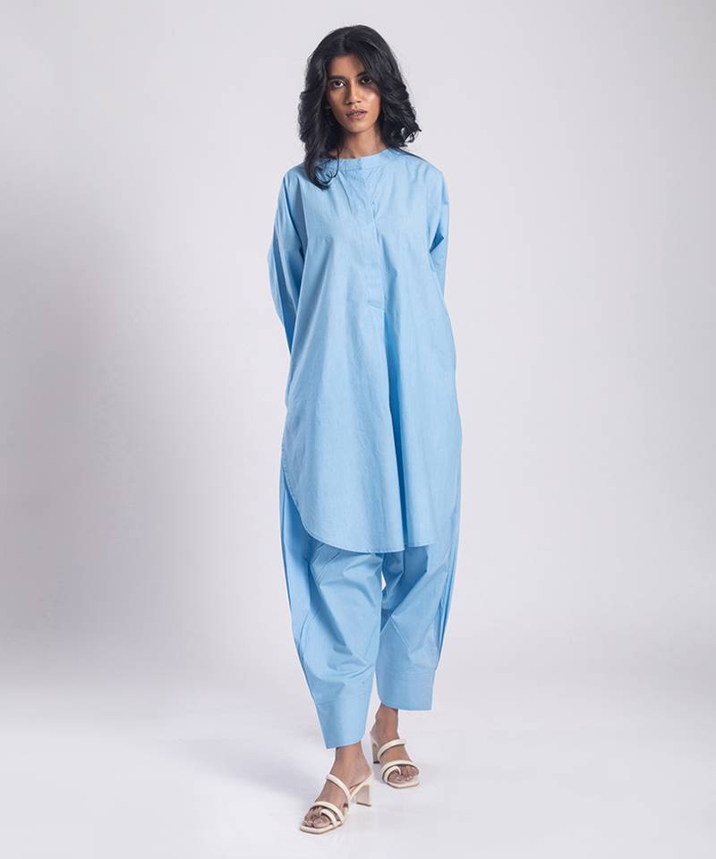 Blue cambric plain Kurta Set