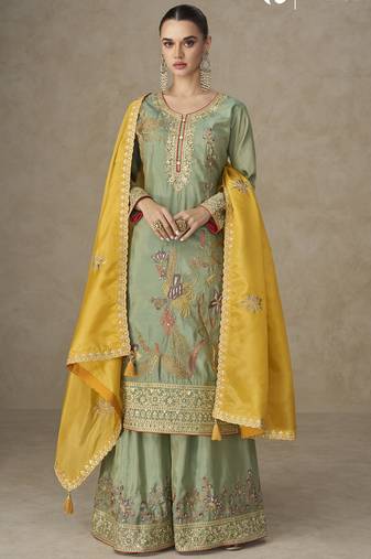 Sea green simar silk embroidered designer plazzo suit