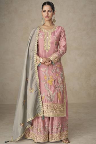 Light peach simar silk embroidered designer plazzo suit