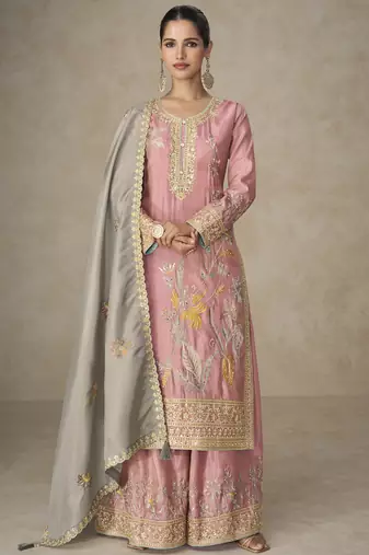 Light peach simar silk embroidered designer plazzo suit