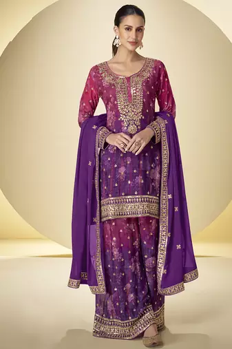Purple chinon digital print designer plazzo suit
