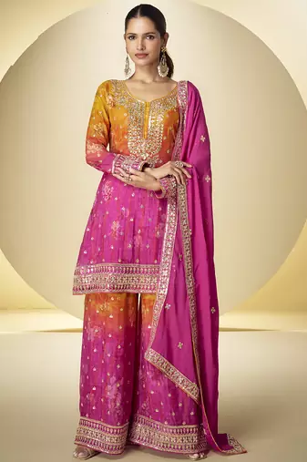Pink chinon digital print designer plazzo suit