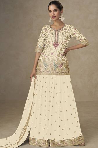 Off white chinon embroidered designer plazzo suit
