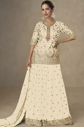 Off white chinon embroidered designer plazzo suit