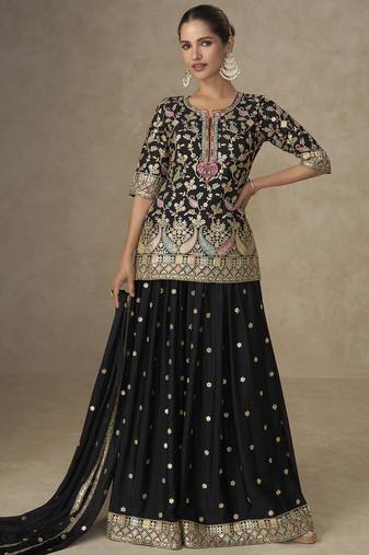 Black chinon embroidered designer plazzo suit