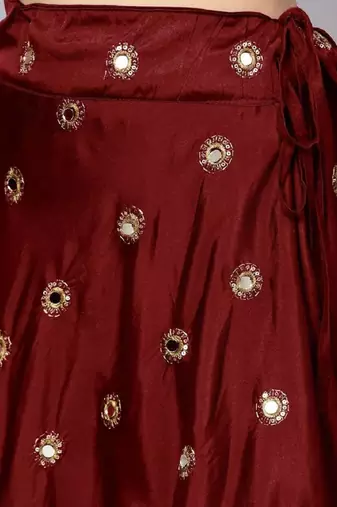 Maroon Mirror Work Art Silk Semi Stitched Indian Festive Lehenga Dress