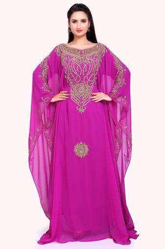 Royal Fuchsia Embellished Georgette  Stitched Kaftan with Gold Handwork
