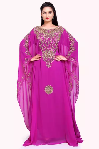 Royal Fuchsia Embellished Georgette  Stitched Kaftan with Gold Handwork