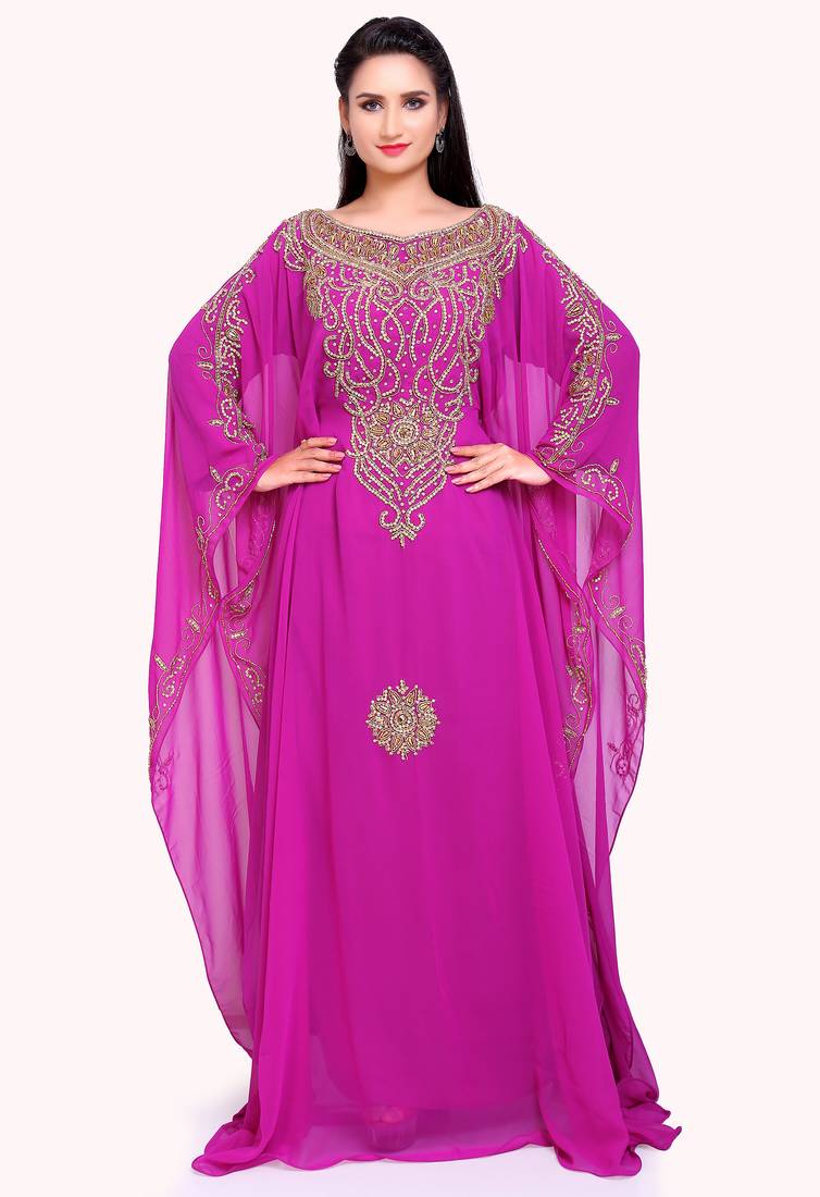 Royal Fuchsia Embellished Georgette  Stitched Kaftan with Gold Handwork