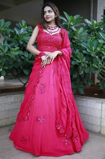 Beautiful Pink Sequins Georgette Wedding Lehenga Choli With Dupatta