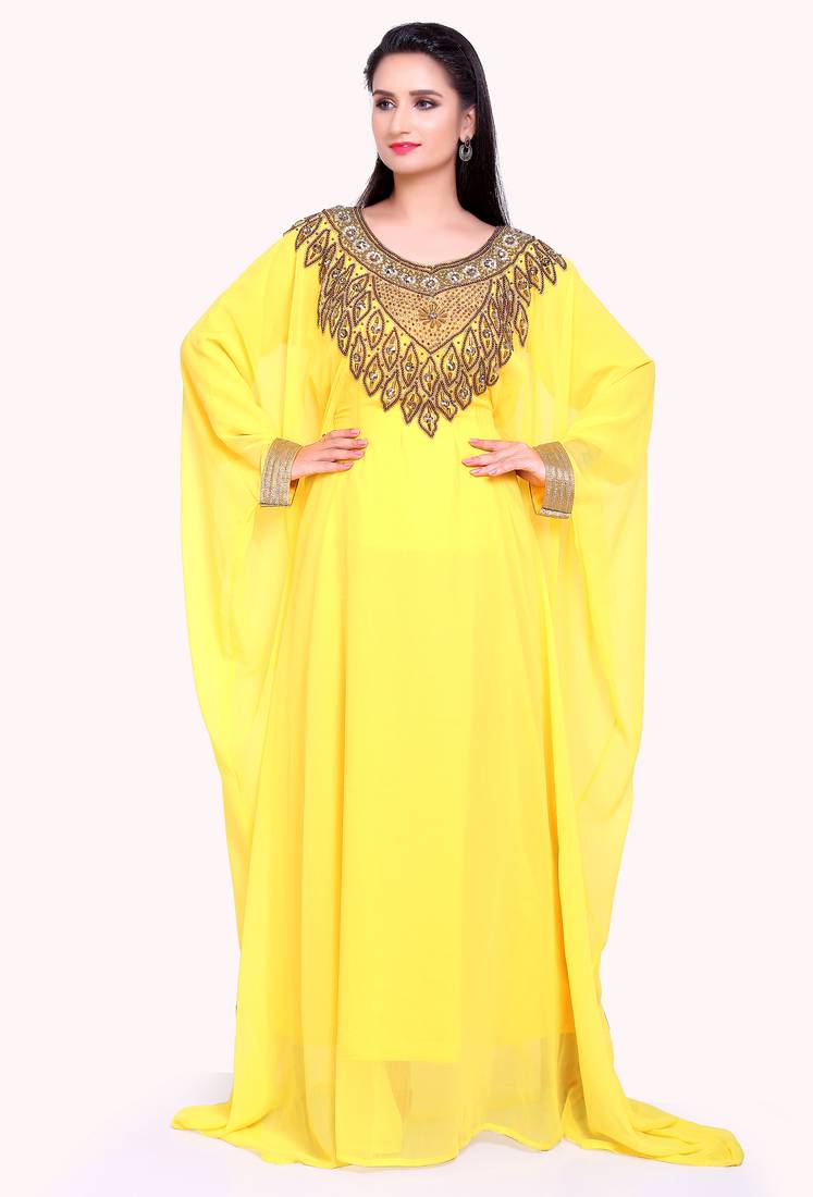 Elegant Yellow Georgette Stitched Kaftan Gown with Golden Zari Handwork & Beads 