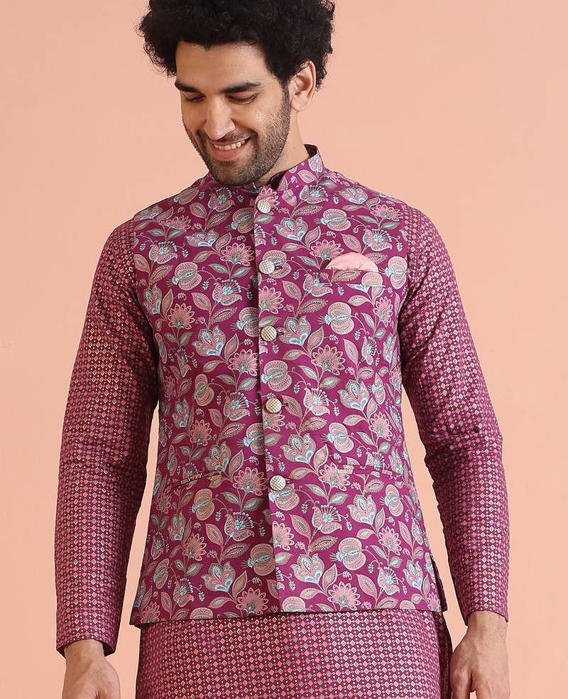 Men hot pink nehru jacket