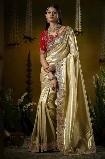cream kanjivaram silk blend wedding saree