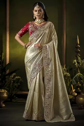 cream elephant border kanjivaram silk blend wedding saree