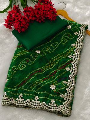 Green color designer jari and cut work greorgette bandhani saree 1