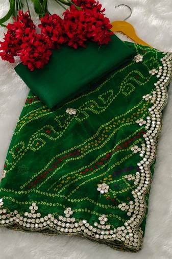 Green color designer jari and cut work greorgette bandhani saree