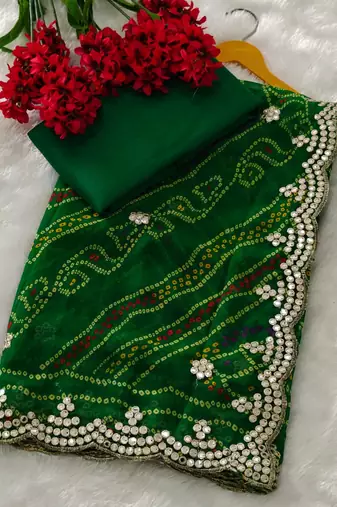 Green color designer jari and cut work greorgette bandhani saree