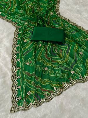 Green color designer jari and cut work greorgette bandhani saree 2