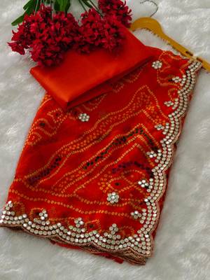 Orange zari and cut work georgette bandhani saree 1