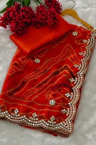 Orange zari and cut work georgette bandhani saree