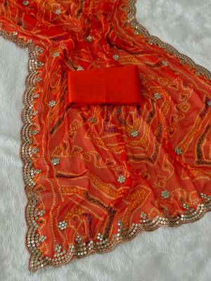 Orange zari and cut work georgette bandhani saree 2