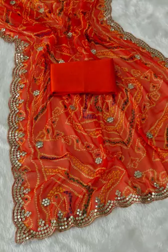 Orange zari and cut work georgette bandhani saree