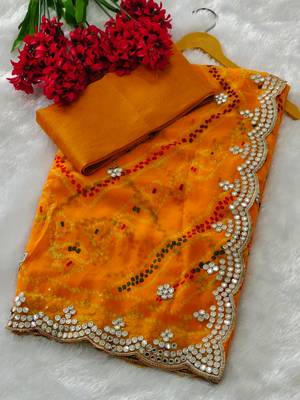 Yellow zari and cut work georgette bandhani saree 1