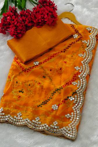 Yellow zari and cut work georgette bandhani saree