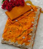 Yellow zari and cut work georgette bandhani saree