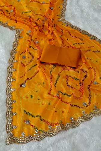 Yellow zari and cut work georgette bandhani saree