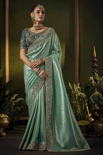 seagreen elephant border kanjivaram silk blend wedding saree