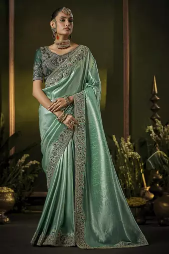seagreen elephant border kanjivaram silk blend wedding saree
