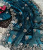 blue chiffon zari and sequin work saree with blouse