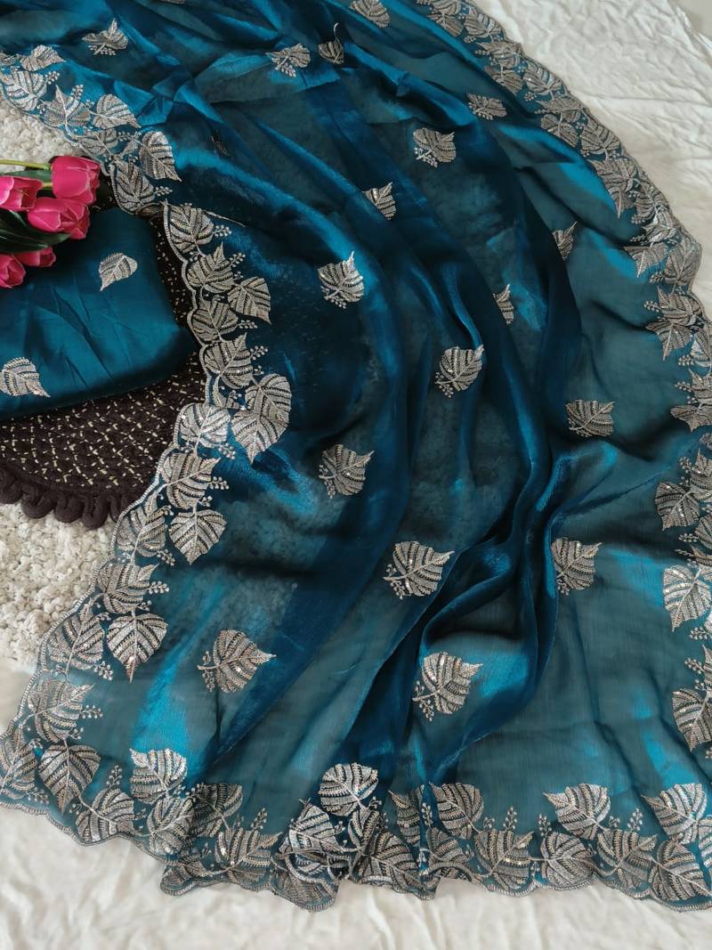 blue chiffon zari and sequin work saree with blouse