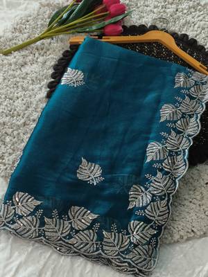 blue chiffon zari and sequin work saree with blouse 2