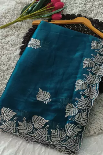 blue chiffon zari and sequin work saree with blouse