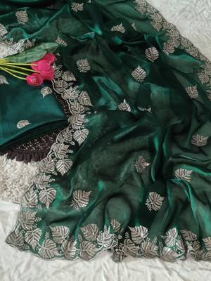 green chiffon zari and sequin work saree with blouse 1