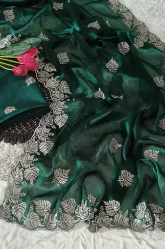 green chiffon zari and sequin work saree with blouse