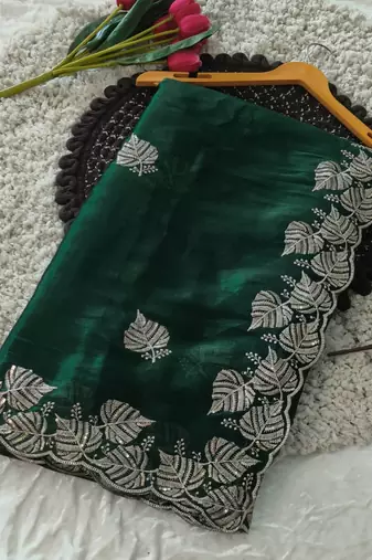 green chiffon zari and sequin work saree with blouse