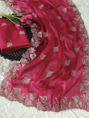 pink chiffon zari and sequin work saree with blouse 1