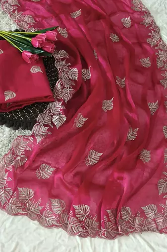 pink chiffon zari and sequin work saree with blouse